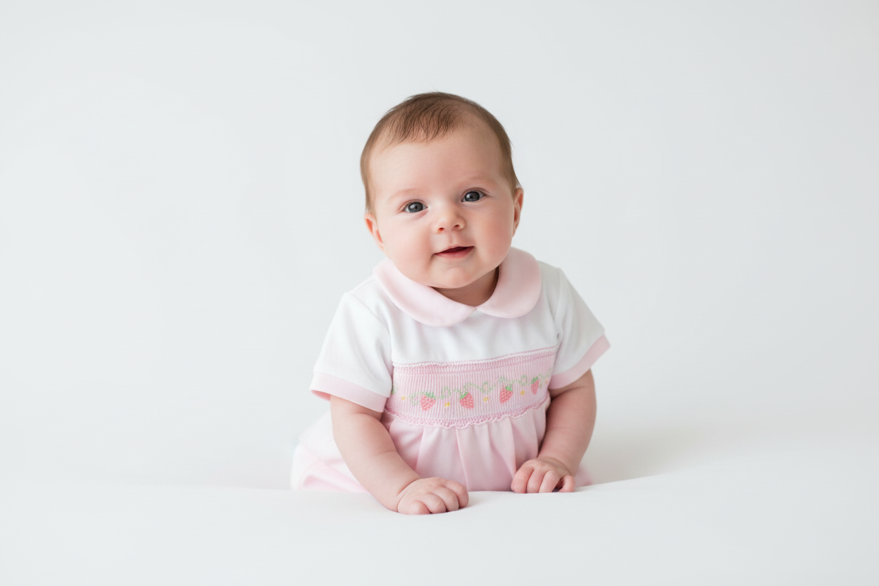 Baby Girls Pink Smocked Strawberry Romper