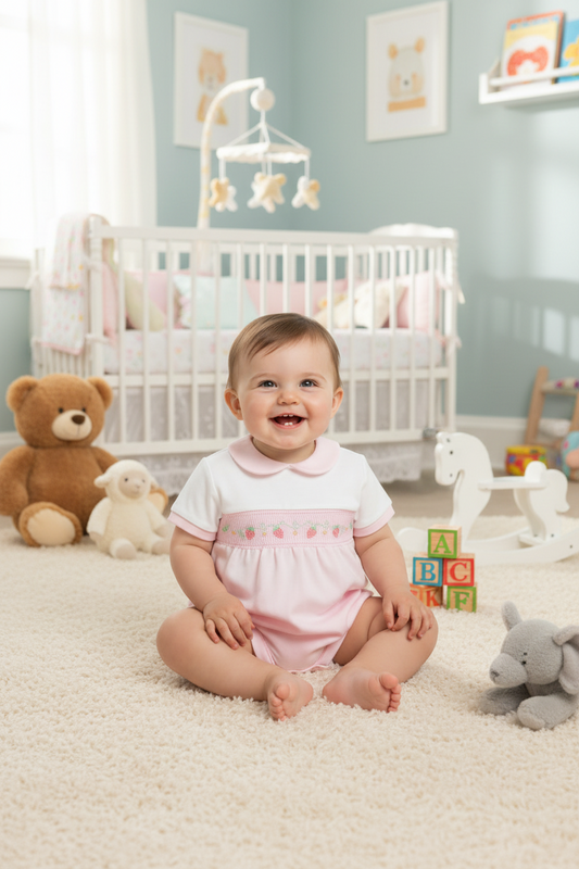 Baby Girls Pink Smocked Strawberry Romper