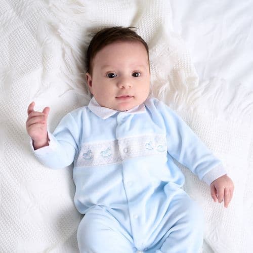 Nana's Special Buy Baby Boys Blue Velour Smocked Rocking Horse Babygro
