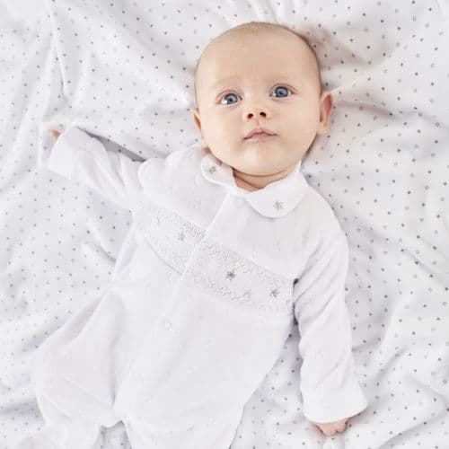 Nana's Special Buys Unisex Baby White Star Velour Smocked Sleepsuit