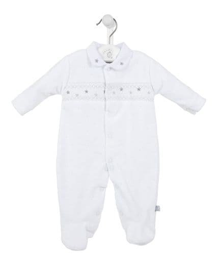 Nana's Special Buys Unisex Baby White Star Velour Smocked Sleepsuit