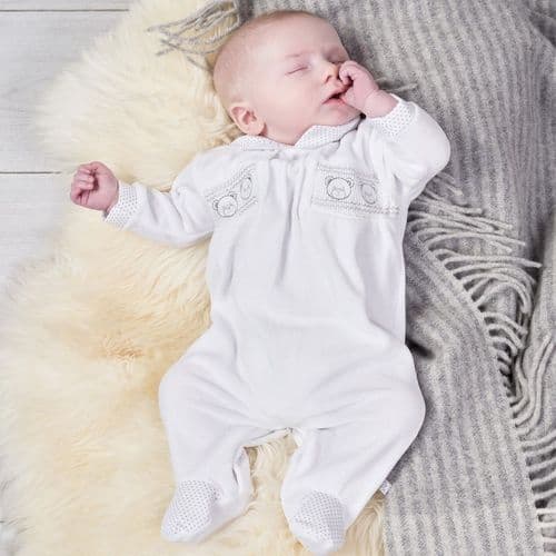 Nana's Special Buys Unisex Baby White Teddy Velour Smocked Sleepsuit