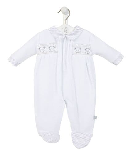 Nana's Special Buys Unisex Baby White Teddy Velour Smocked Sleepsuit