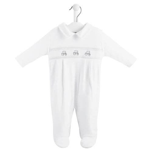 Baby Boys White Tractor Smocked Sleepsuit