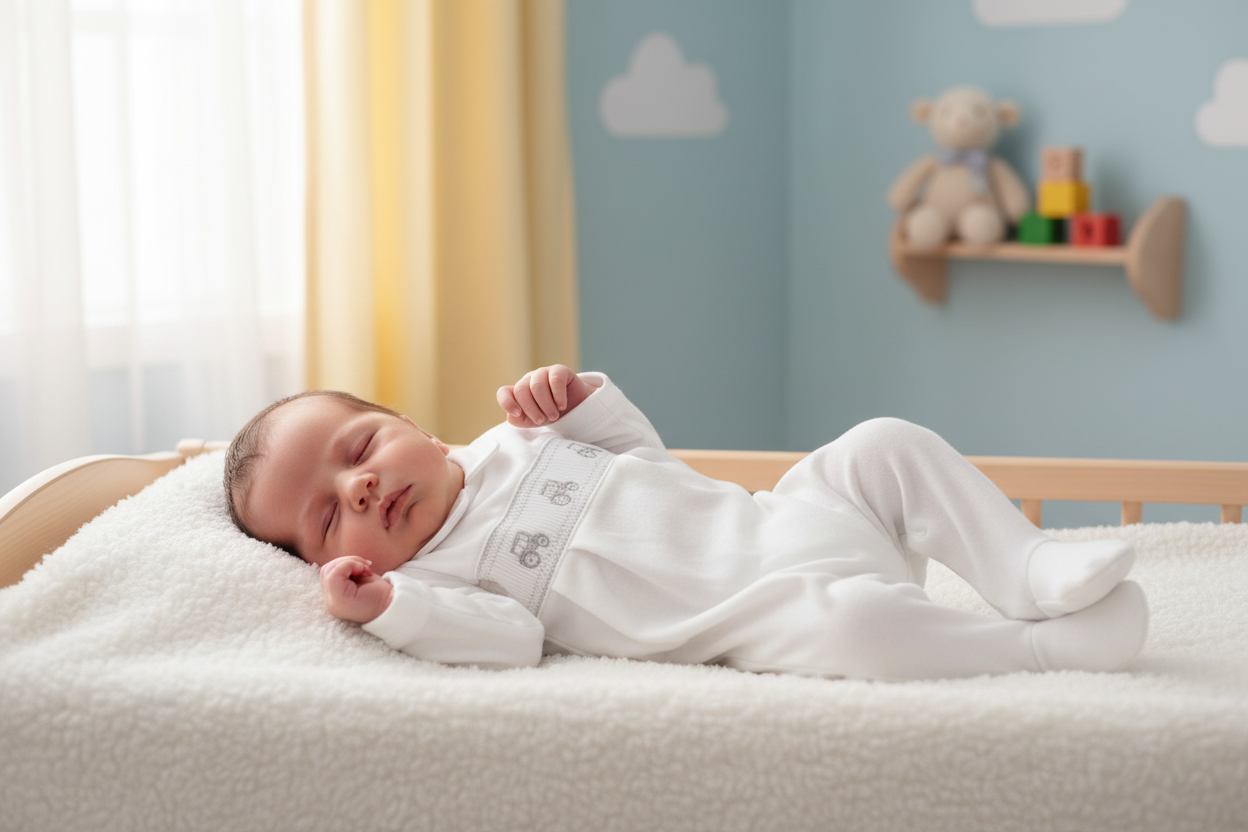 Baby Boys White Tractor Smocked Sleepsuit