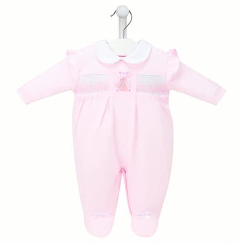 Baby Girls Pink Smocked Windmill sleepsuit