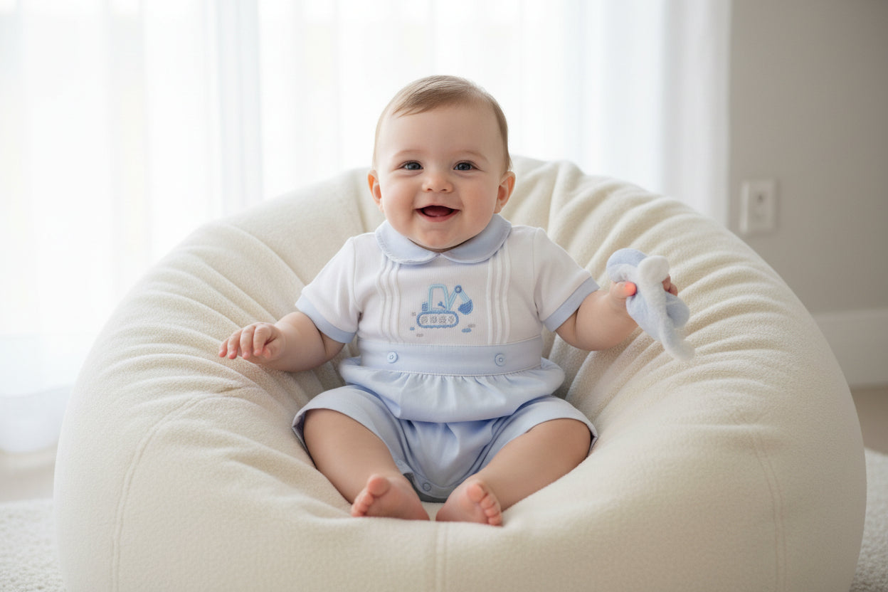 Baby Boys Blue And White Digger Romper