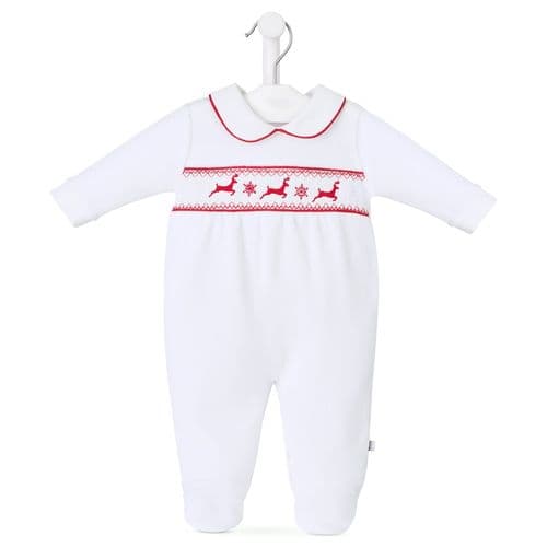 Unisex Baby White And Red Leaping Reindeer Sleepsuit