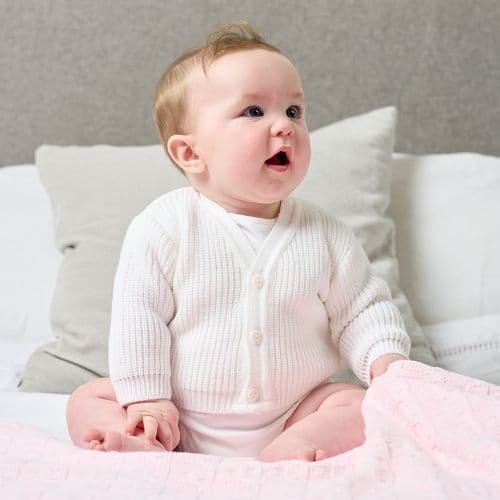 Unisex Baby White Ribbed V Neck Cardigan