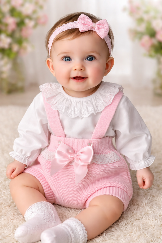 Baby Girls Pink Knitted Dungaree Romper 2 Piece Set