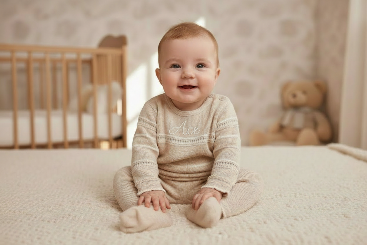 Baby Beige & White Knitted Pointelle Two Piece Set