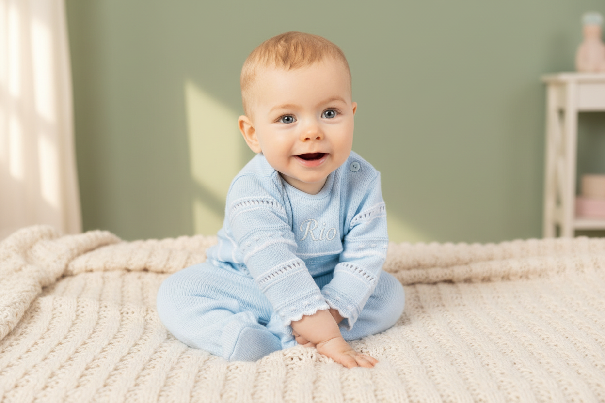 Baby Boys Blue & White Knitted Pointelle Two Piece Set