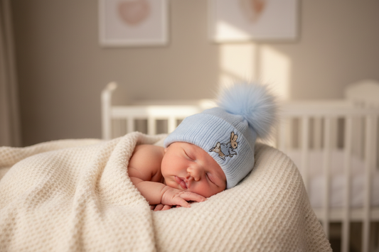 Baby Boys Knitted Blue Rabbit Fluffy Single Pom Hat