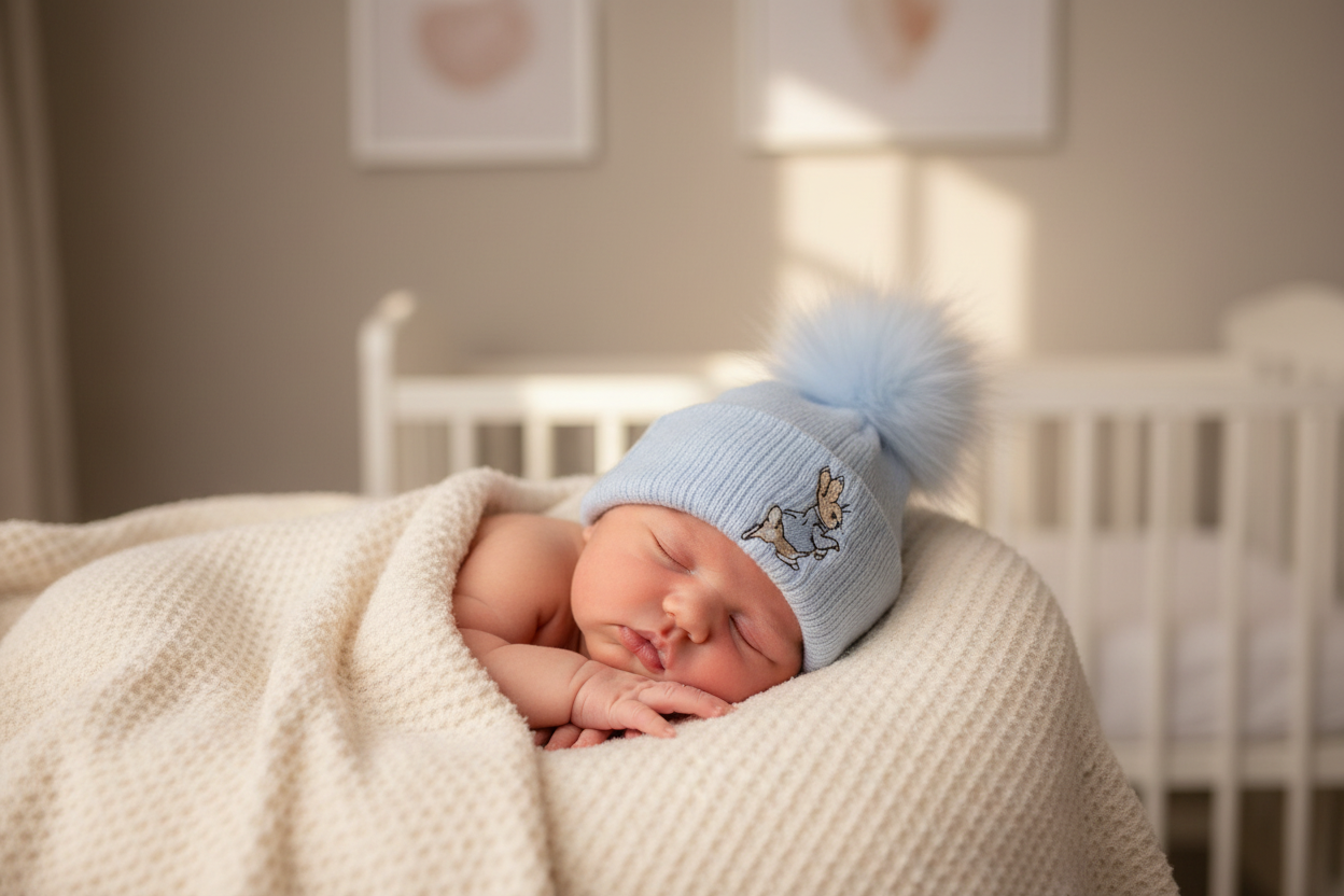 Baby Boys Knitted Blue Rabbit Fluffy Single Pom Hat