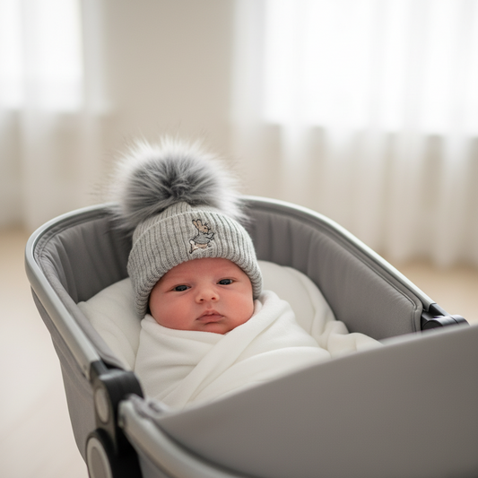 Baby Knitted Grey Rabbit Fluffy Single Pom Hat