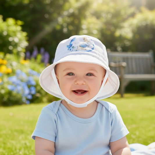 Baby Boys White Sunhat With Printed Blue Rabbit Design