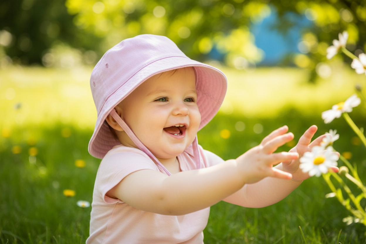 Baby Girls Pink Cotton Bucket Hat With Chin Strap