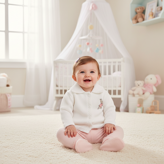 Baby Girls White Cardigan With Pink Rabbit
