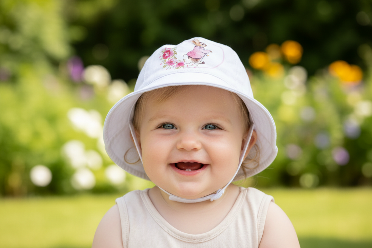 Baby Girls White Sunhat With Printed Pink Rabbit Design