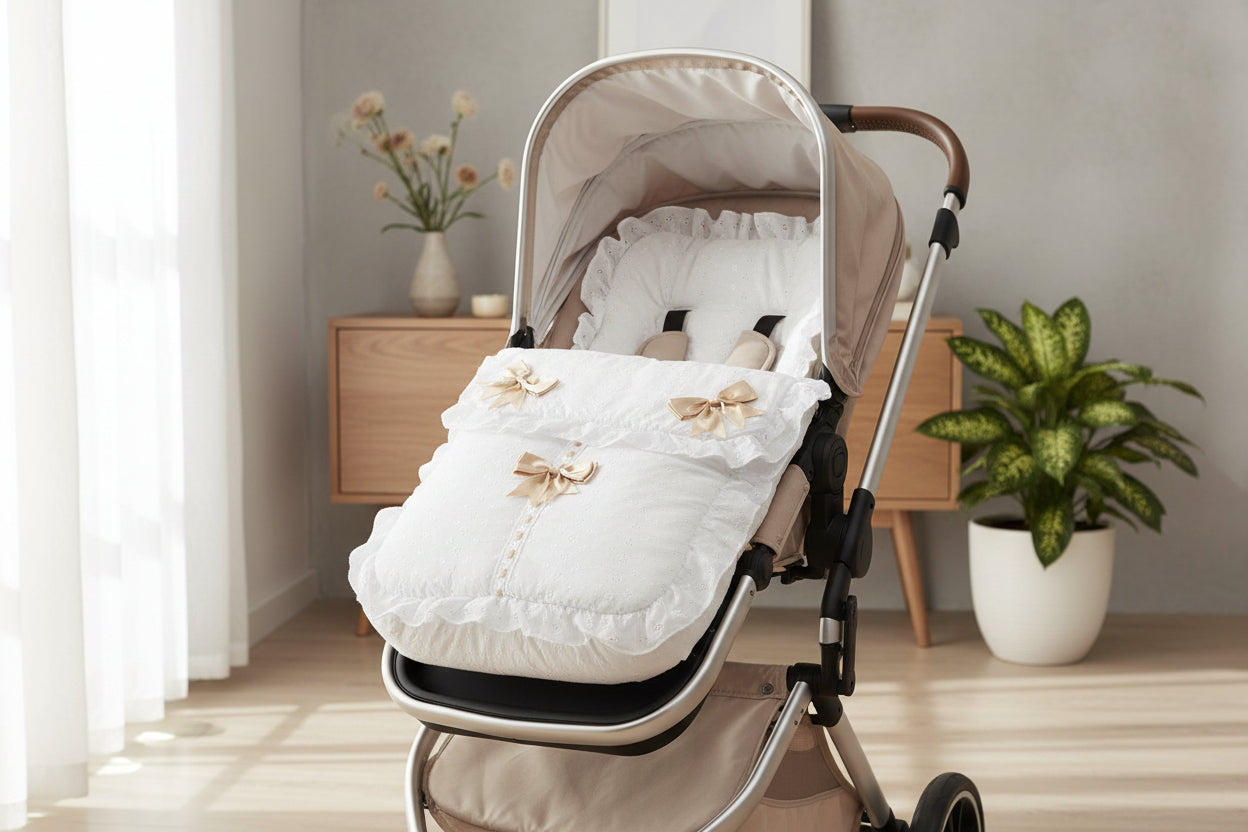Unisex Baby White And Beige Broderie Anglaise  Universal Pushchair Footmuff/Cosytoes With Satin Bows