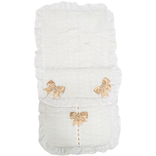 Unisex Baby White And Beige Broderie Anglaise  Universal Pushchair Footmuff/Cosytoes With Satin Bows