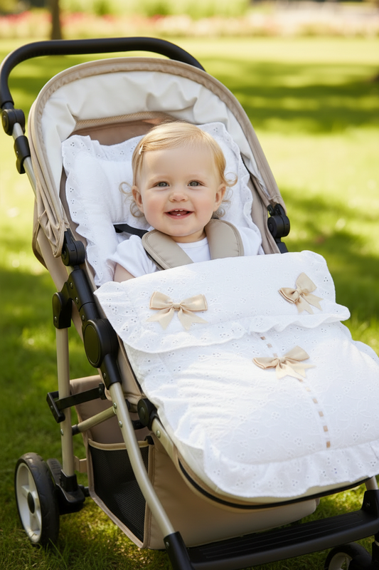 Unisex Baby White And Beige Broderie Anglaise  Universal Pushchair Footmuff/Cosytoes With Satin Bows