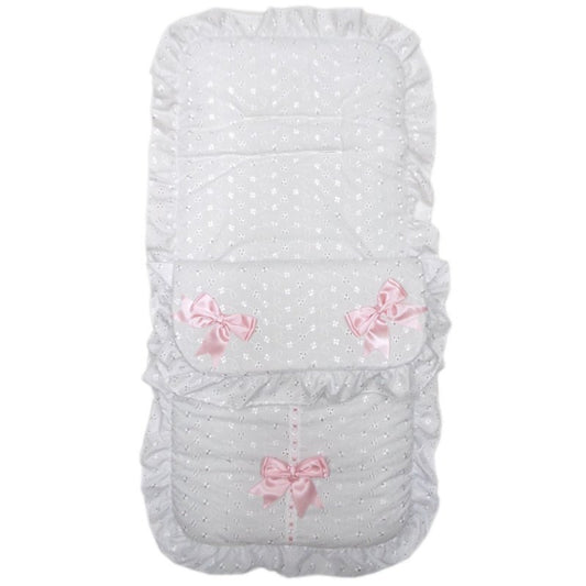 Baby Boys White And Pink Broderie Anglaise 3 Bow Universal Footmuff/ Cosy Toes