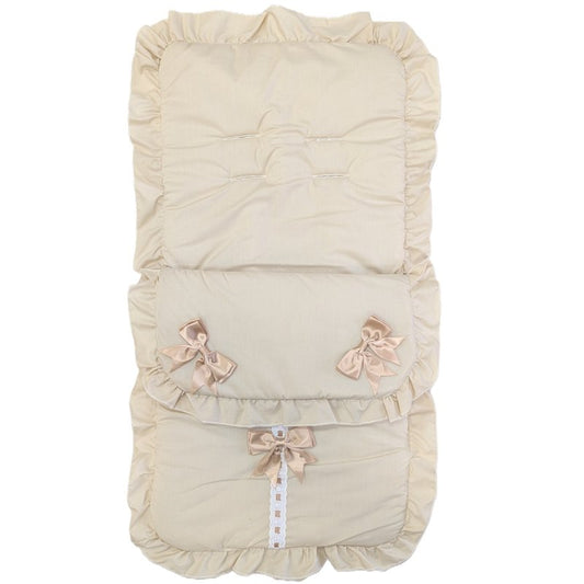 Unisex Baby Plain Beige Broderie Anglaise Trim Lace With Satin Bows Universal Pushchair Footmuff/Cosytoes