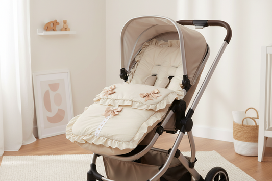 Unisex Baby Plain Beige Broderie Anglaise Trim Lace With Satin Bows Universal Pushchair Footmuff/Cosytoes