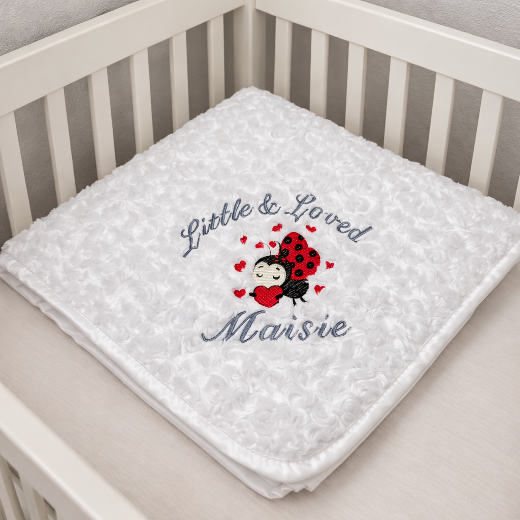 Personalised Little And Loved Ladybird Soft Rose White Wrap