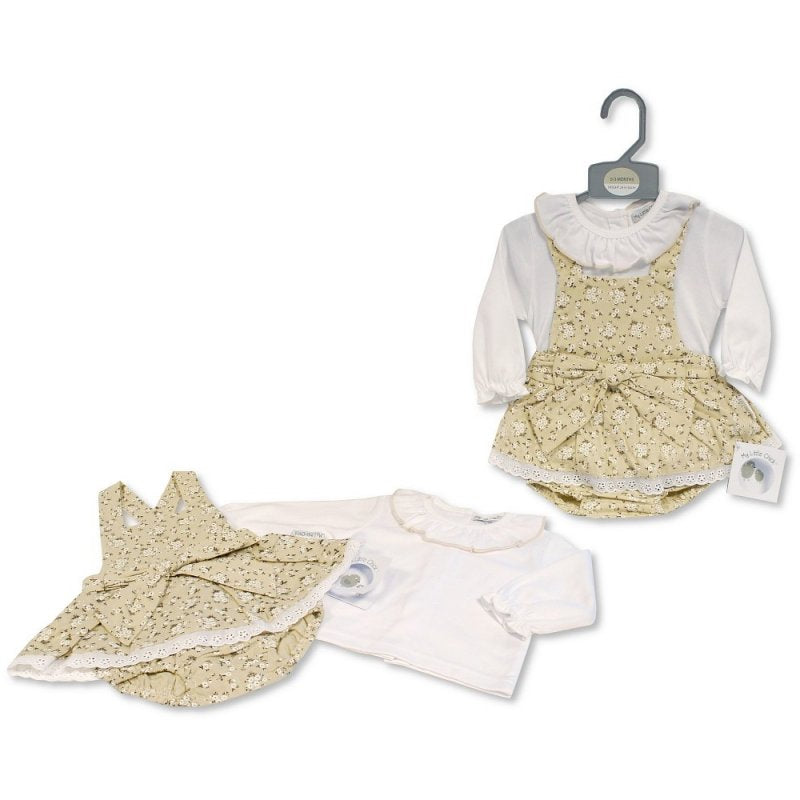 Baby Girls Beige And Cream Floral Dungaree Skirt Set