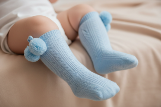 Blue Ribbed Knee Length Pom Pom Socks