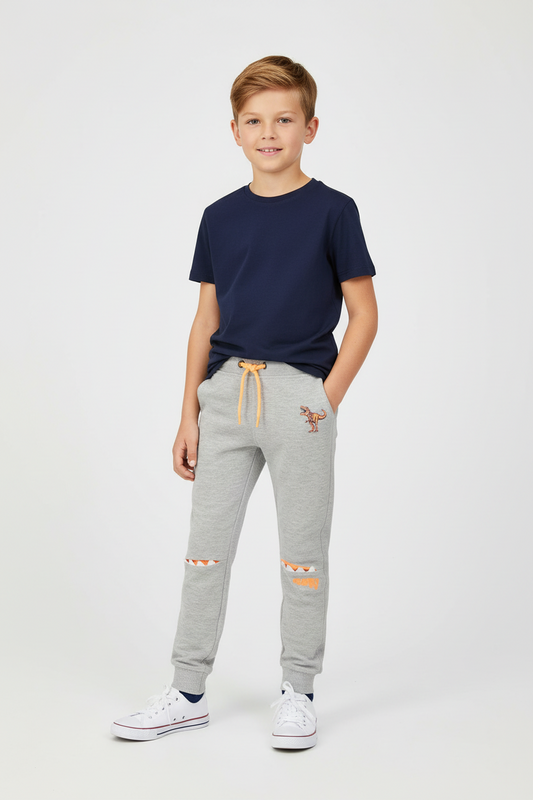 Boys Marl Grey Dinosaur Jogging Trousers