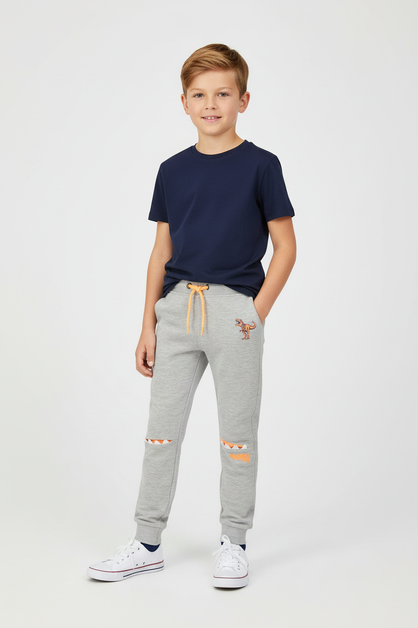 Boys Marl Grey Dinosaur Jogging Trousers