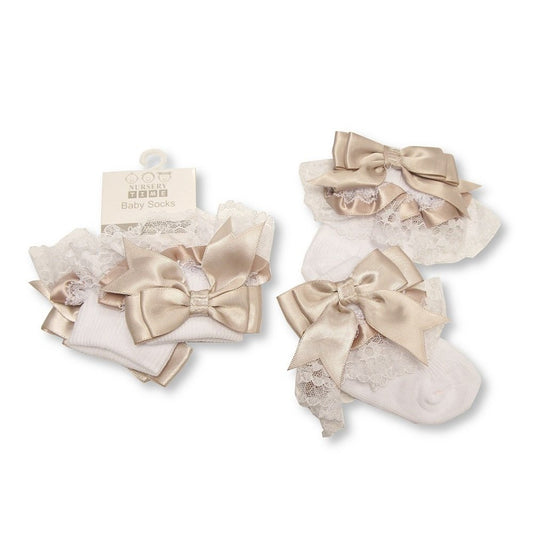Baby Girls White And Beige Frilly Socks