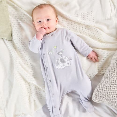 Unisex Baby Grey Elephant And Bird Cotton Sleepsuit/Babygro