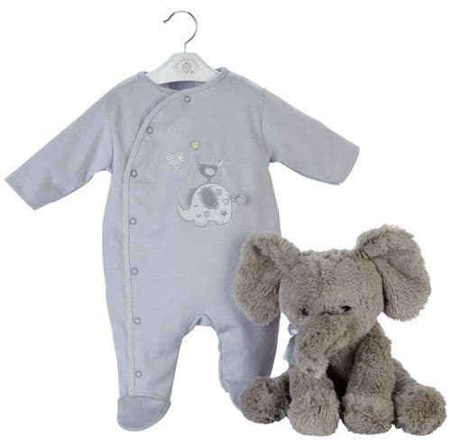 Unisex Baby Grey Elephant And Bird Cotton Sleepsuit/Babygro