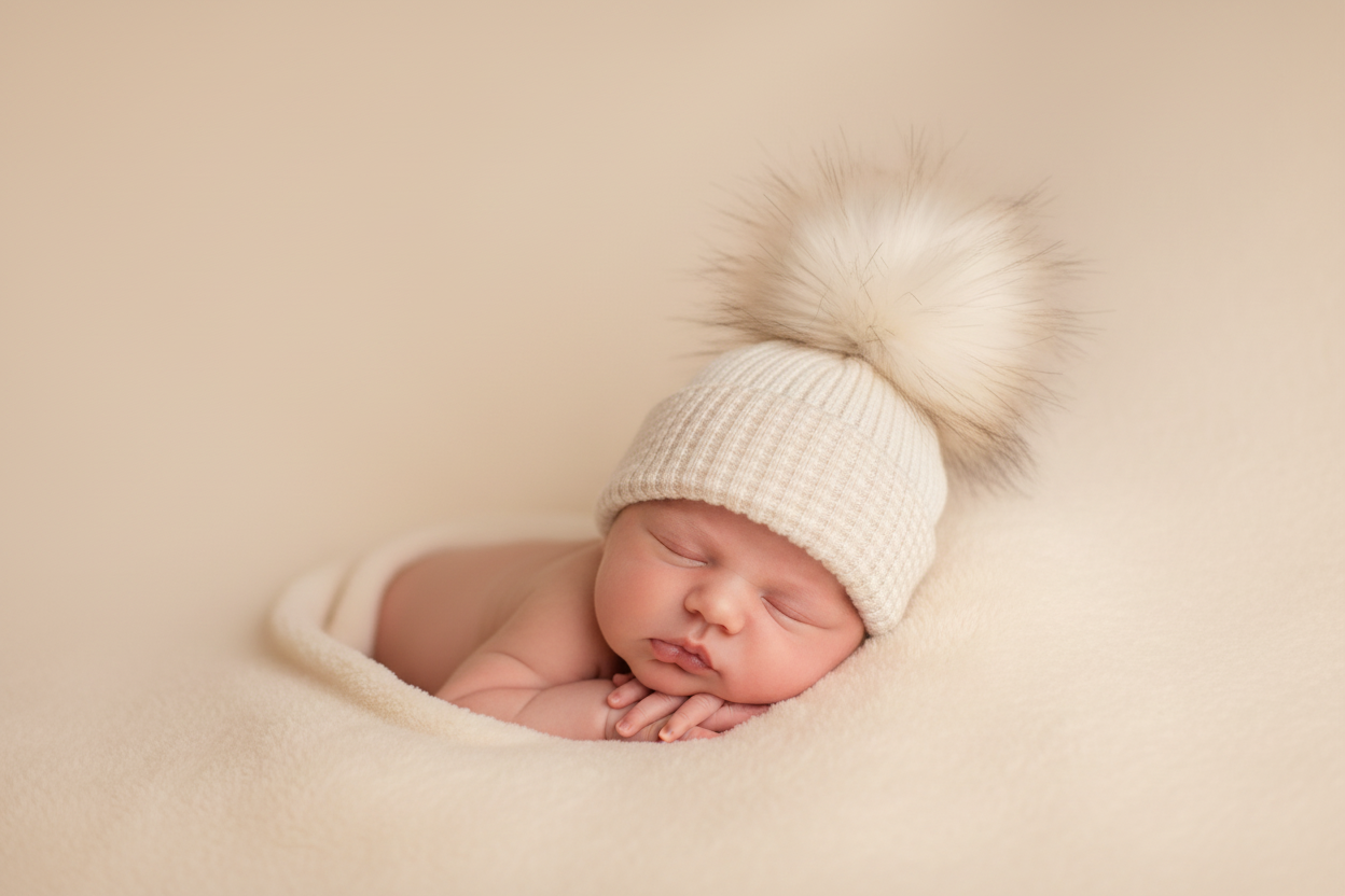 Baby First Size Ribbed Single Fluffy Faux Fur Baby Pom Pom Hat