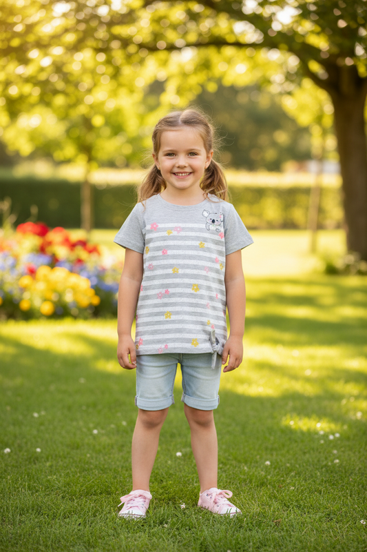 Girls Grey & White Striped Koala T Shirt