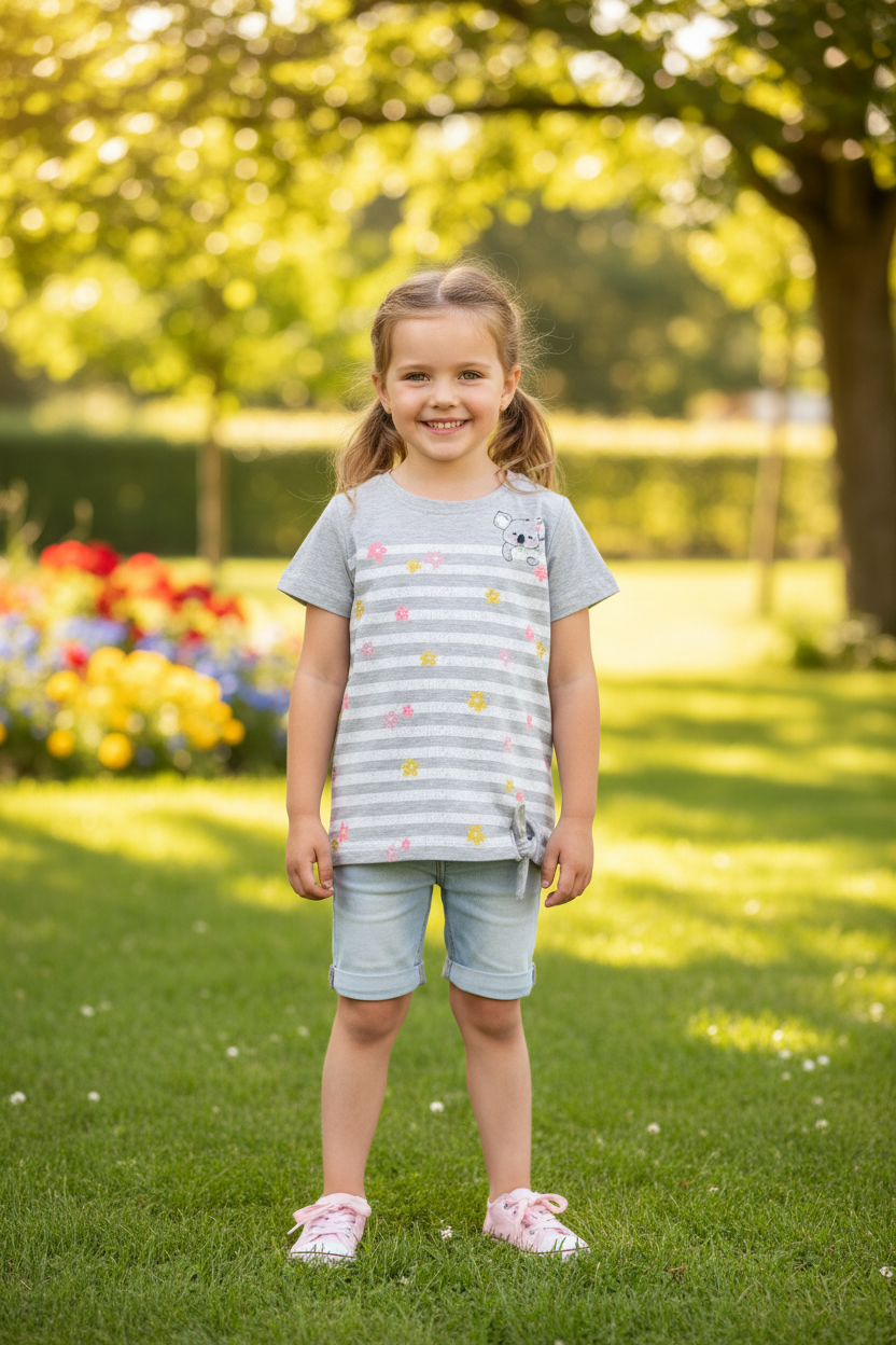 Girls Grey & White Striped Koala T Shirt
