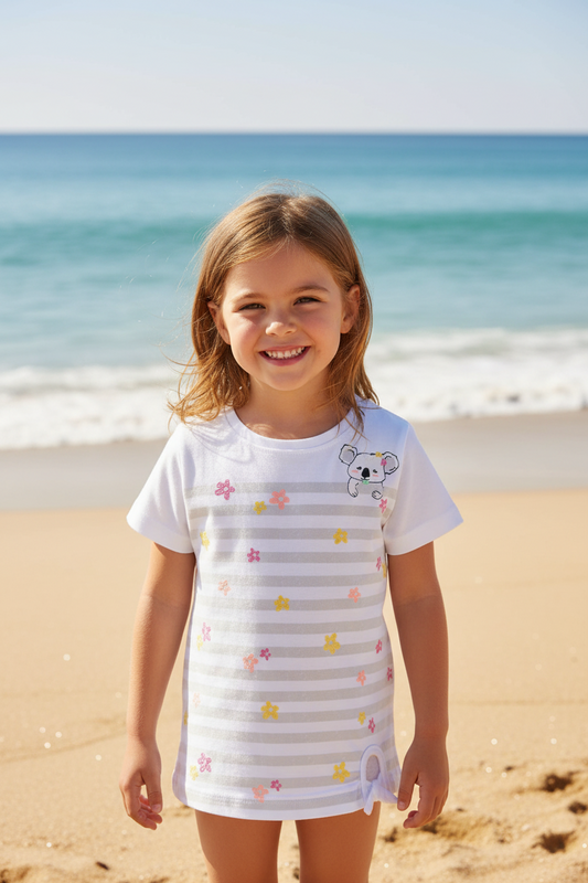 Girls White & Grey Striped Koala T Shirt