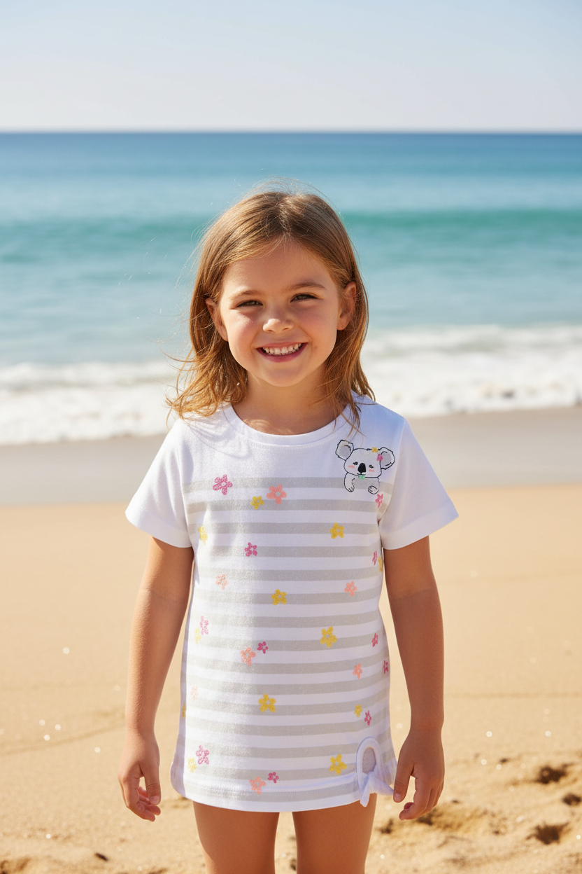 Girls White & Grey Striped Koala T Shirt