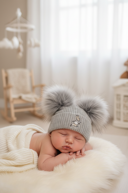 Baby Grey Knitted Double Grey Pom Hat With A Grey Rabbit