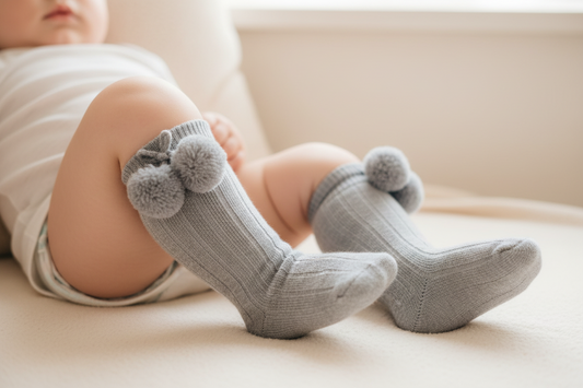 Grey Ribbed Pom Pom Socks