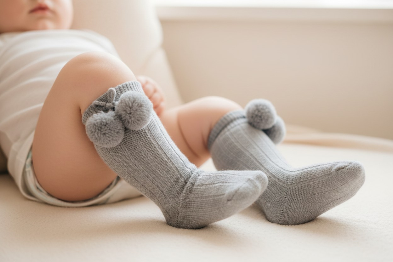 Grey Ribbed Pom Pom Socks