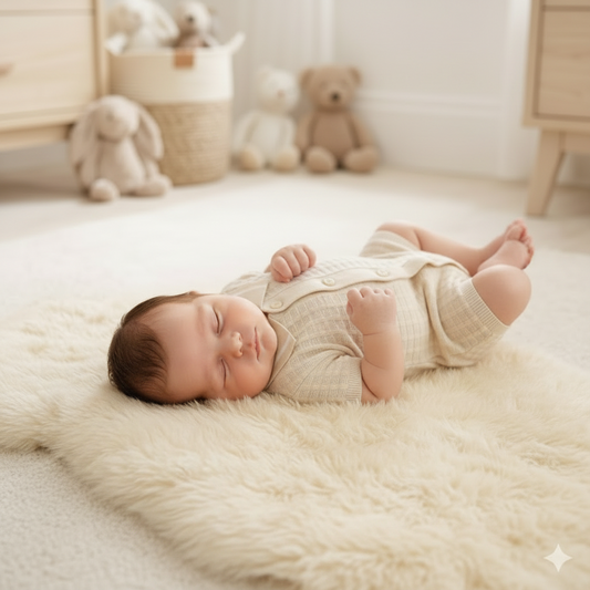 Baby Boys Beige Knitted Romper With White Trim Collar