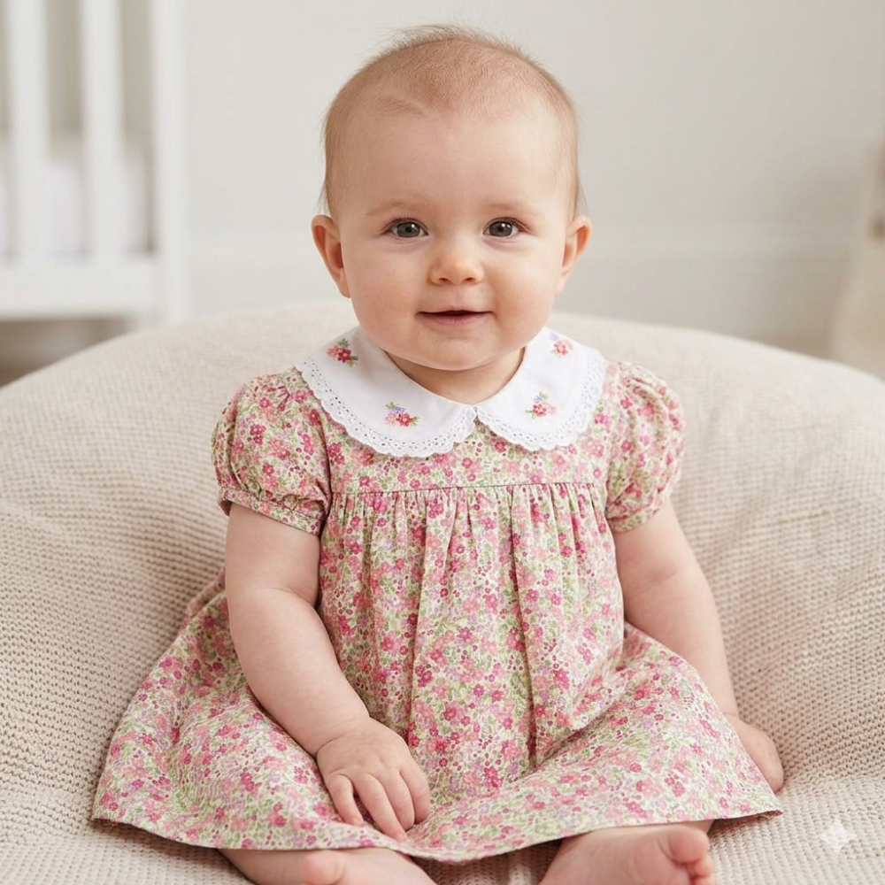 Baby Girls Floral Dress With White Collar And Embroidered Flowers