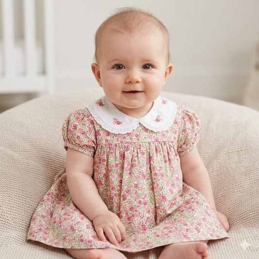 Baby Girls Floral Dress With White Collar And Embroidered Flowers
