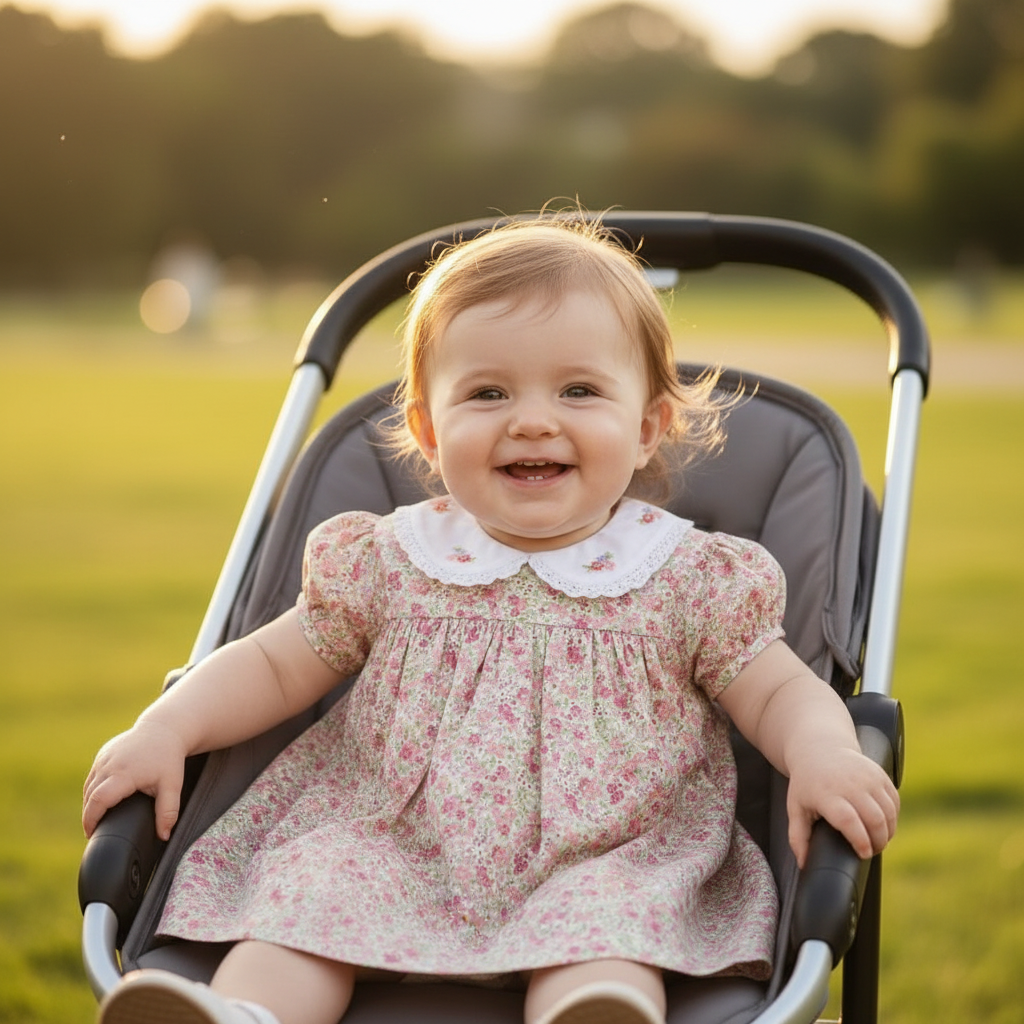 Baby Girls Floral Dress With White Collar And Embroidered Flowers