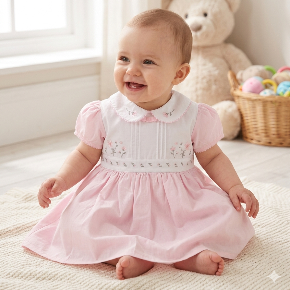 Baby Girls Pink Lined Linen Dress With Embroidered Flowers